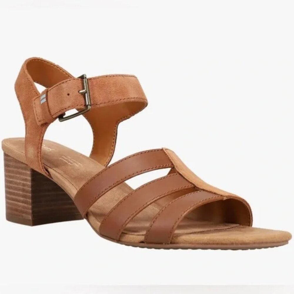 TOMS Estella Suede Leather Block Heel Sandals Open Toe Ankle Strap Buckle Si - 7